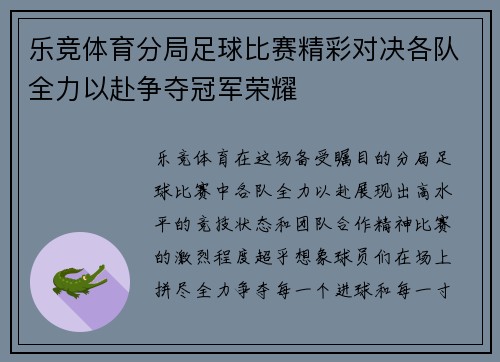 乐竞体育分局足球比赛精彩对决各队全力以赴争夺冠军荣耀