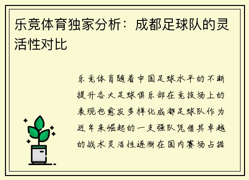 乐竞体育独家分析：成都足球队的灵活性对比