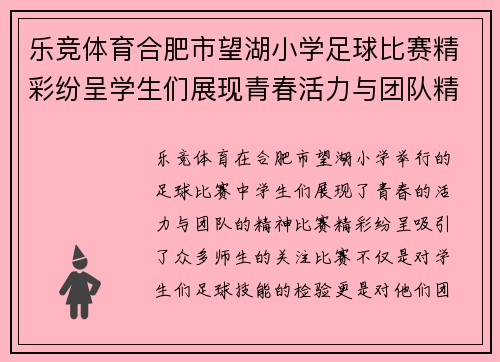 乐竞体育合肥市望湖小学足球比赛精彩纷呈学生们展现青春活力与团队精神