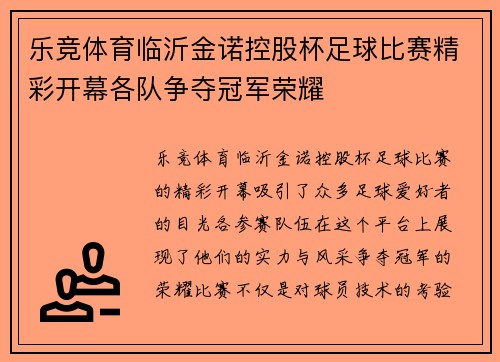 乐竞体育临沂金诺控股杯足球比赛精彩开幕各队争夺冠军荣耀