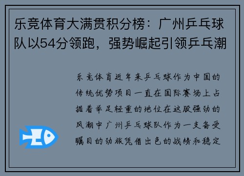 乐竞体育大满贯积分榜：广州乒乓球队以54分领跑，强势崛起引领乒乓潮流