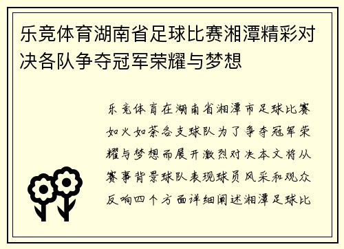 乐竞体育湖南省足球比赛湘潭精彩对决各队争夺冠军荣耀与梦想
